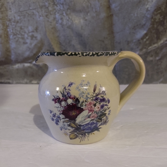 4" Handmade Stoneware Beige Water/Juice Pitcher With Floral Picture. Mad… - Picture 2 of 10
